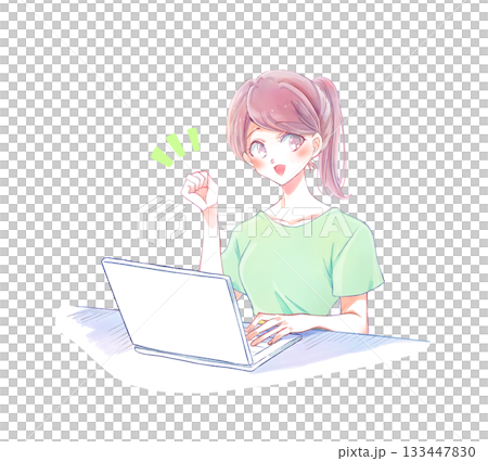 A woman in casual clothes operating a laptop, smiling, clenching her fist A woman in casual clothes operating a laptop, smiling, clenching her fist 133447830