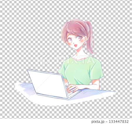 A woman in casual clothes operating a laptop smiling 133447832