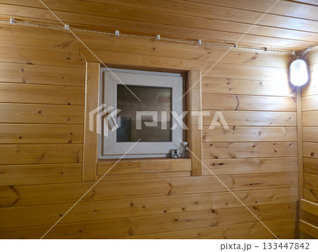 Cozy Wooden Sauna Room Interior with Window and Light Cozy Wooden Sauna Room Interior with Window and Light 133447842