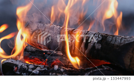 Beautiful Crackling Campfire in the Winter Spruce Forest , Authentic Place Beautiful Crackling Campfire in the Winter Spruce Forest , Authentic Place 133447993