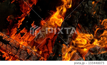 Close-up of Hot Embers with Flying Sparks . Concept of heating grills or ovens 133448073