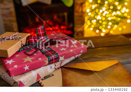 Santa Mailbox with Christmas Gifts and Festive Holiday Decor Indoors 133448192