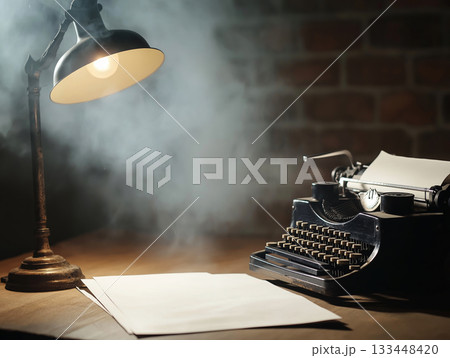 Vintage typewriter on a wooden desk under a glowing lamp Vintage typewriter on a wooden desk under a glowing lamp 133448420