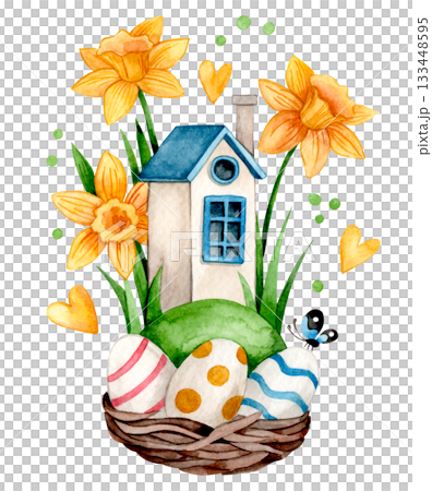 Easter decoration. Cute watercolor illustration with flowers, a house, and a nest with eggs in cartoon style. Easter decoration. Cute watercolor illustration with flowers, a house, and a nest with eggs in cartoon style. 133448595