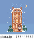 Traditional gingerbread house with icing decor in snowy landscape, winter night with moon and trees, festive Christmas illustration, sweet holiday cookie home vector for seasonal design and cards 133448632