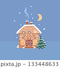 Cute gingerbread cookie house with snow, chimney smoke, spruce trees and night sky, cozy winter holiday scene, festive Christmas and New Year vector illustration for greeting cards and decorations 133448633
