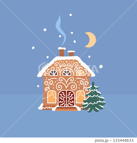 Cute gingerbread cookie house with snow, chimney smoke, spruce trees and night sky, cozy winter holiday scene, festive Christmas and New Year vector illustration for greeting cards and decorations Cute gingerbread cookie house with snow, chimney smoke, spruce trees and night sky, cozy winter holiday scene, festive Christmas and New Year vector illustration for greeting cards and decorations 133448633