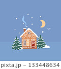 Gingerbread house in snowy winter landscape with Christmas trees, moon and falling snow, cozy festive holiday illustration of sweet cookie home for Christmas and New Year cards, seasonal vector design 133448634