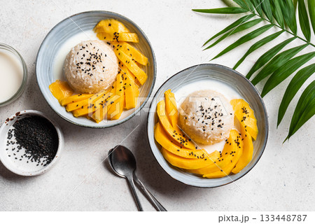 Mango Sticky Rice with coconut milk 133448787