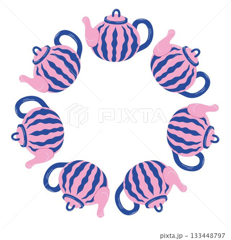 Circular wreath of pink and blue striped teapot isolated on a white background in flat style. Circular wreath of pink and blue striped teapot isolated on a white background in flat style. 133448797