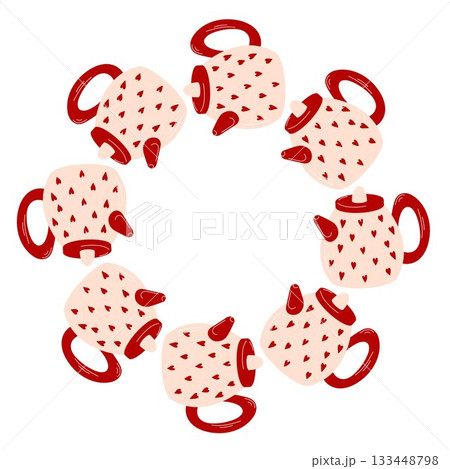 Wreath of cute kettle decorated with small heart for Valentine day arranged in a circular wreath on a white background. Flat style. 133448798