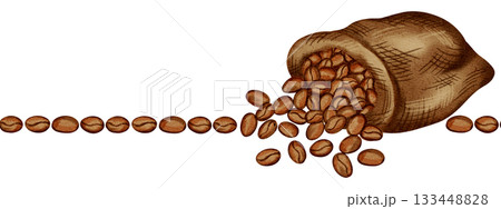 Hand drawn watercolor illustration, seamless border with bag and coffee beans 133448828