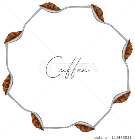 A hand-painted watercolor wreath of coffee spoons with ground coffee. Perfect for menus, packaging, and retail spaces. A hand-painted watercolor wreath of coffee spoons with ground coffee. Perfect for menus, packaging, and retail spaces. 133448831