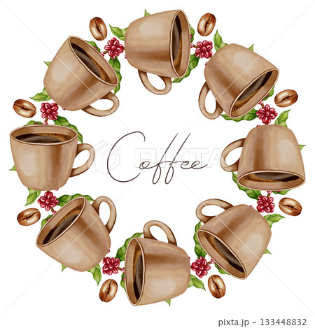 A hand-painted watercolor wreath of coffee cups, beans, and coffee branches. Perfect for menus, packaging, and retail spaces. 133448832