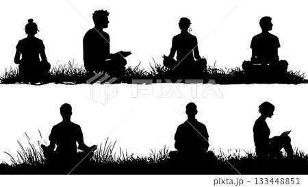 Black Solid Students Cross Legged Silhouettes Set of Six on White Background 133448851