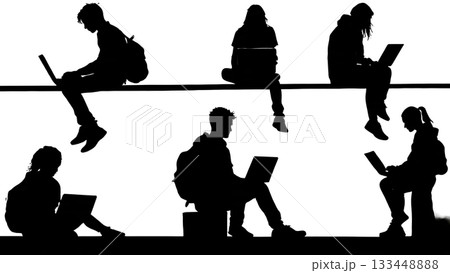 Black Solid Students Laptop Study Silhouettes Set of Six on White Background Black Solid Students Laptop Study Silhouettes Set of Six on White Background 133448888