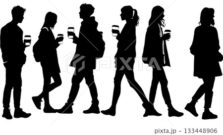 Black Solid Students with Coffee Silhouettes Set of Six on White Background 133448906