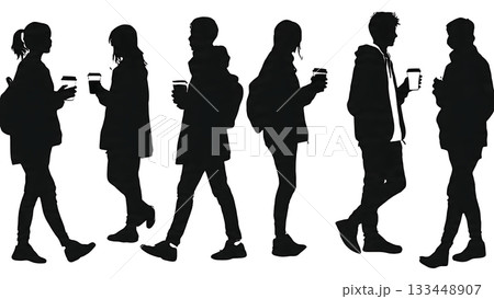 Black Solid Students with Coffee Silhouettes Set of Six on White Background 133448907