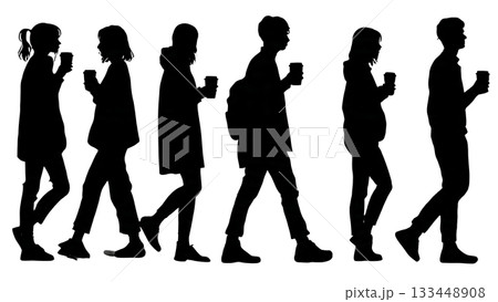 Black Solid Students with Coffee Silhouettes Set of Six on White Background 133448908