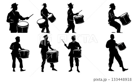 Black Solid Steel Drum Band Silhouettes Set of Six on White Background 133448918