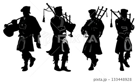 Black Solid Pipe and Drum Band Silhouettes Set of Six on White Background 133448928