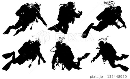 Black Solid Scuba Diving Silhouettes Set of Six on White Background 133448930