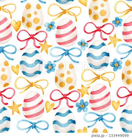 Easter print. cute watercolor pattern with Easter eggs and bows. 133449099