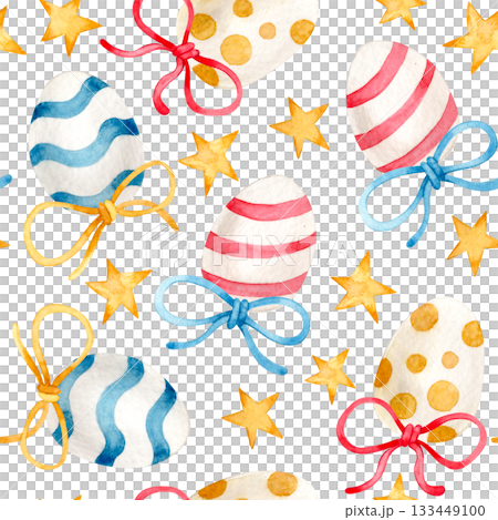 Easter print. Seamless watercolor pattern with Easter eggs and bows. 133449100