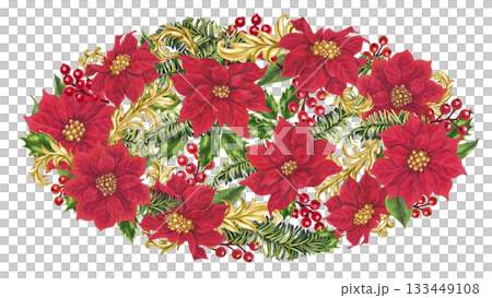 Vibrant oval bouquet with red poinsettias, holly, berries, fir branches, and gold vignettes. Elegant watercolor template for Christmas cards, invitations, seasonal decor, branding, and holiday crafts Vibrant oval bouquet with red poinsettias, holly, berries, fir branches, and gold vignettes. Elegant watercolor template for Christmas cards, invitations, seasonal decor, branding, and holiday crafts 133449108