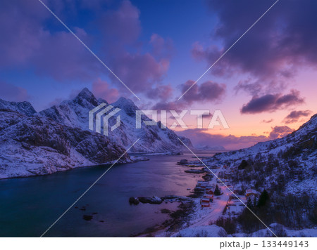 Norway. Nature in fjords. High mountains and reflections. Sunset in the fjord. 133449143