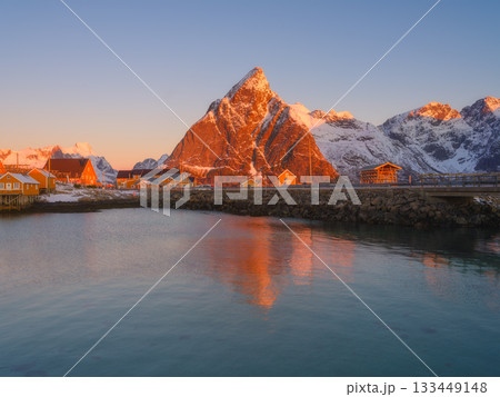 North. Lofoten Islands, Norway. Picturesque view of traditional Norwegian fishermen's houses. 133449148