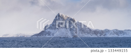 Norway. Nature in fjords. High mountains and waves. Sunset in the fjord. Clouds over the rocks. 133449155