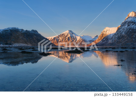 Norway. Nature in the fjords. High mountains and reflections. Sunset in the fjord. 133449158