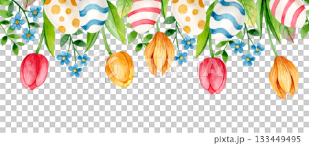 Easter border. Seamless watercolor frame with Easter eggs and flowers. Easter border. Seamless watercolor frame with Easter eggs and flowers. 133449495