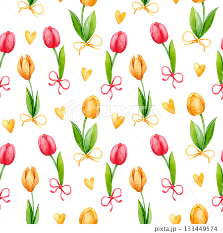 Watercolor seamless pattern with spring flowers and bows. Cute Easter cartoon print. Watercolor seamless pattern with spring flowers and bows. Cute Easter cartoon print. 133449574