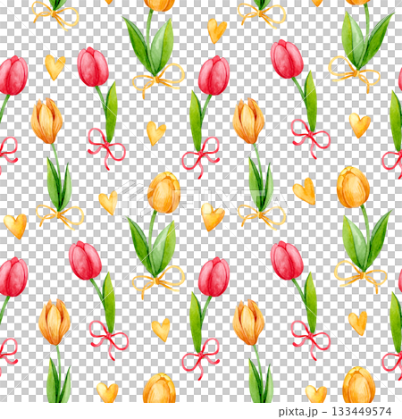 Watercolor seamless pattern with spring flowers and bows. Cute Easter cartoon print. Watercolor seamless pattern with spring flowers and bows. Cute Easter cartoon print. 133449574