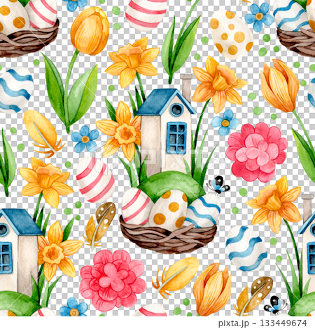 Easter seamless pattern. Watercolor illustration of a cute house, eggs, and flowers. Cartoon style. 133449674