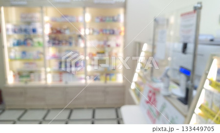 Blurred interior of a well-lit pharmacy displaying shelves filled with medicines and products 133449705