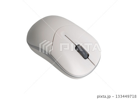 Wireless white computer mouse with scroll wheel on transparent background for office and home use 133449718