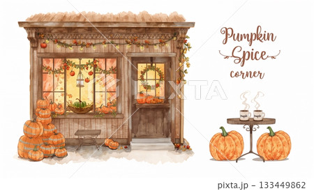 秋のパンプキンカフェと温もりある木の家の水彩イラスト 133449862