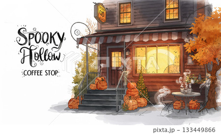 ハロウィンのパンプキンカフェと秋の街角イラスト 133449866