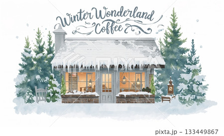 雪の森に囲まれたホワイトカフェの水彩イラスト 133449867