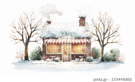 雪の朝の小さなカフェと冬の街角の水彩イラスト 133449868