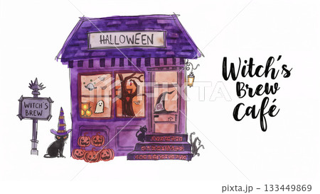 魔女のカフェとハロウィンの夜を描いた水彩イラスト 133449869