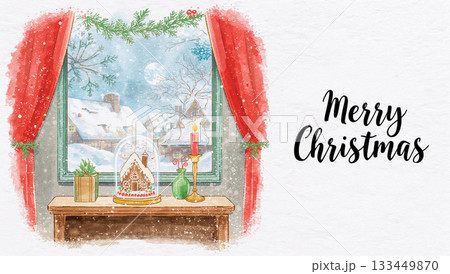 雪景色とジンジャーハウスのある温かなクリスマスの窓辺イラスト 133449870