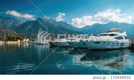 A Beautiful Marina Scene Featuring Luxurious Yachts and Scenic Mountain Backdrop A Beautiful Marina Scene Featuring Luxurious Yachts and Scenic Mountain Backdrop 133449910