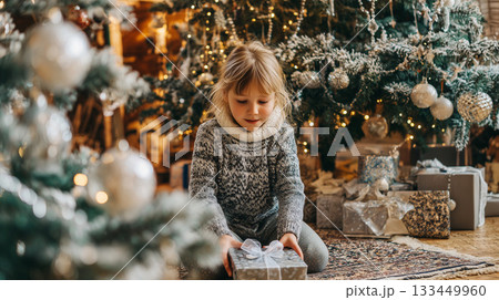 Young girl placing festive gift under a decorated Christmas tree, celebrating holiday season 133449960