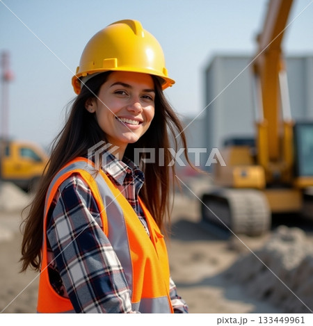 Young woman on construction site smiling with hard hat Generative AI 133449961