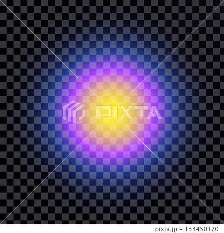 Glowing yellow energy orb with radiant purple halo on checkered background 133450170