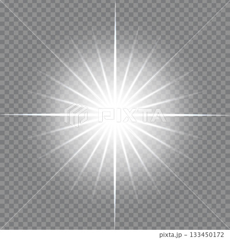 Bright white starburst light effect on transparent background 133450172